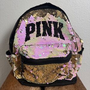 Victoria's Secret Pink Gold Campus Backpack Mermaid Iridescent Flip Sequin Bling